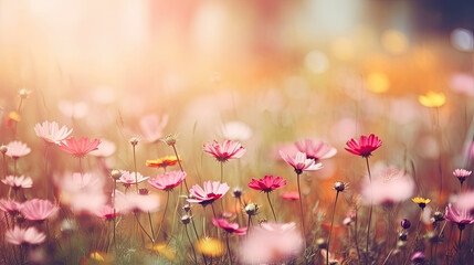 Cosmos flowers in the garden with sun light. Nature background.