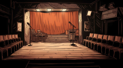 empty room with a stage and a red curtain