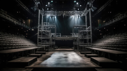 Stage lights and seats in the auditorium of the theater.