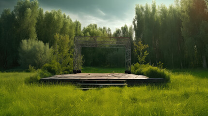 stage in the park with grass and trees.