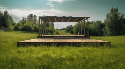 Wooden stage on a green meadow in summer