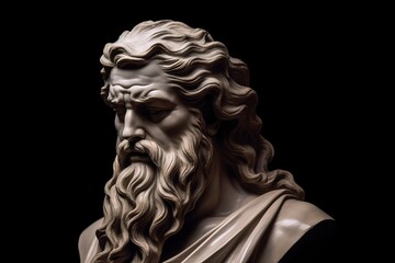 Head of greek god sculpture, statue of a man with long beard on dark background. AI generated image. - obrazy, fototapety, plakaty