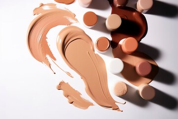 Make up foundation smears, different skin tones. BB, CC cream foundation tonal smudges on white background. Texture of makeup foundation. Decorative cosmetics samples set. AI generated