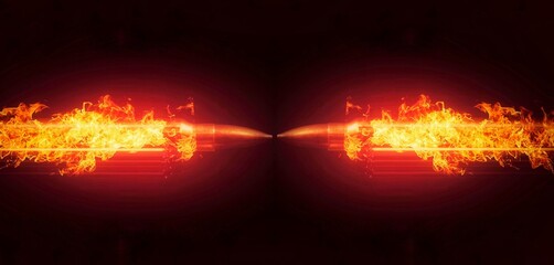 3d illustration of flaming bullets flying in the dark