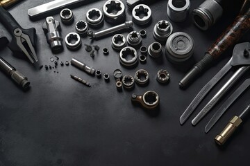 Set of tools and instruments on a black background. Top view