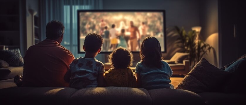 Family sitting together in a cozy living room, watching television and enjoying quality time together. Generative AI
