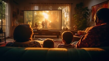 Family sitting together in a cozy living room, watching television and enjoying quality time together. Generative AI