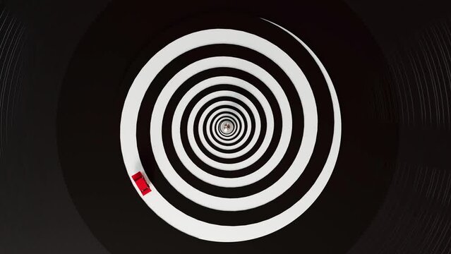 Miniature car spinning on the spiral record player. 3d rendering