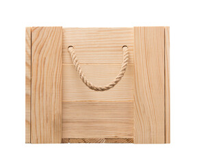 wooden box with rope handles isolated on white background. Empty wooden box with rope handles...
