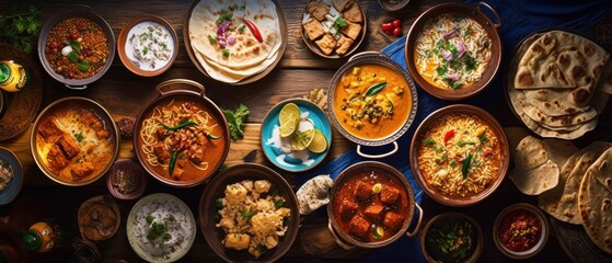 Top view of a colorful assortment of Indian food beautifully arranged on a table. The rich flavors and vibrant culinary culture of India. Generative AI