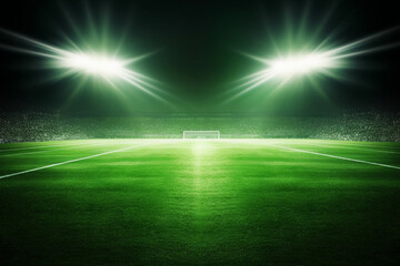 Green soccer field bright spotlights
