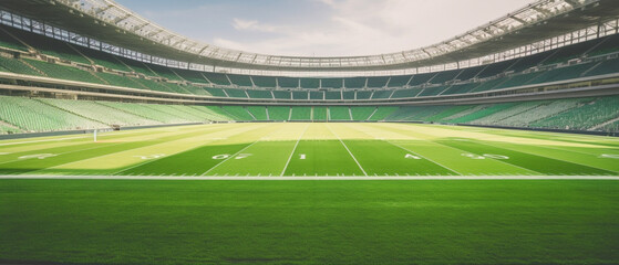 Green field in american football stadium, ready for game in the midfield