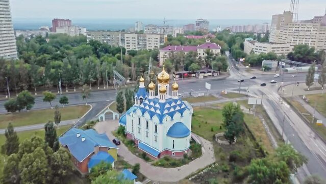 Blue white Holy Temple Council in city of Samara, Russia, aerial dolly