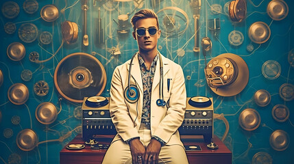 DJ Doctor in headphones. Generative AI.