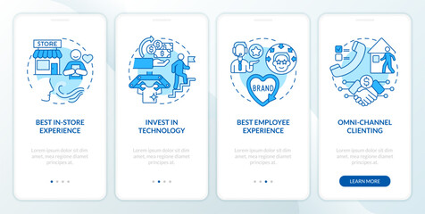 Retail tendencies blue onboarding mobile app screen. Business owner walkthrough 4 steps editable graphic instructions with linear concepts. UI, UX, GUI template. Myriad Pro-Bold, Regular fonts used