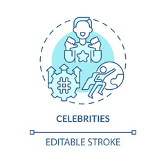 Celebrities turquoise concept icon. Famous people. Trend setter. Public relation. Opinion leader. Brand promotion abstract idea thin line illustration. Isolated outline drawing. Editable stroke
