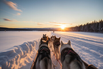 Huskey dogs sledge safari ride at sunset in winter wonderland Levi Lapland Finlad - obrazy, fototapety, plakaty