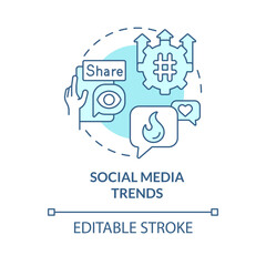 Social media trends turquoise concept icon. Consumer engagement. Market research. Digital marketing. Share content abstract idea thin line illustration. Isolated outline drawing. Editable stroke