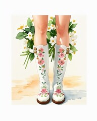 Illustration in watercolor sketching style, female naked legs in fashionable white boots on a floral background. AI generation.
