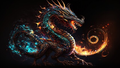 Beautiful Happy Chinese new year dragon Zodiac 2024. Red  Golden. Monster dragon fire dark light glow Ai generated