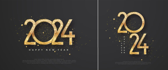 New Year 2024 Design. With luxurious and beautiful gold and gold glitter numbers. Premium Vector Design for Happy New Year 2024 greetings and celebrations.
