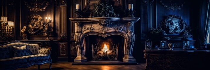 Luxurious house with a cozy fireplace. Generative AI