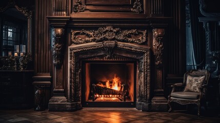 Luxurious house with a cozy fireplace. Generative AI