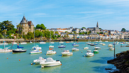 Panorama view of Pornic city, harbor and castle, Brittany in France- Loire-Atlantic,  Pays de la Loire region - obrazy, fototapety, plakaty