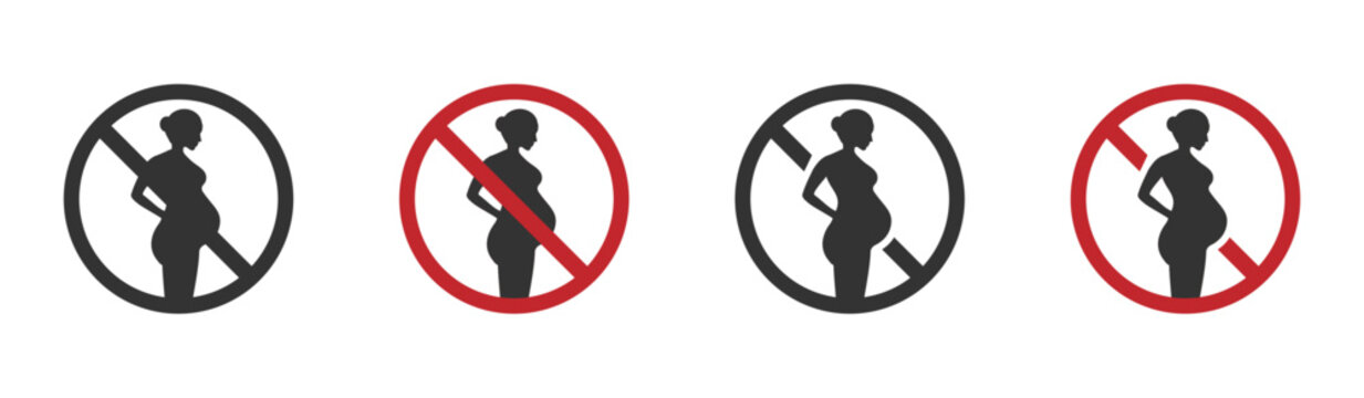 Pregnancy is prohibited vector graphic signs set. Not good for pregnant woman illustrations