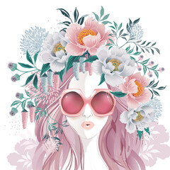 Vector illustration of a long-haired girl with floral headdress. Design for picture frame, poster, greeting card, and invitation	