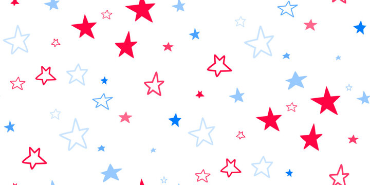 Red, blue stars flying on white. Concept in colors flag of USA, Chile, France, Netherland, Australia, United Kingdom. American Independence Day or President Day backdrop. Vector seamless