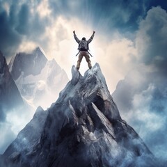 Compose an image that encapsulates the sense of triumph and accomplishment experienced by a hiker reaching the summit of a towering mountain peak. Generative AI