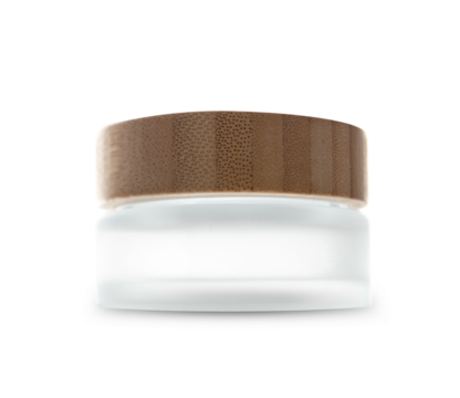 Empty glass transparent cosmetic bottle with bamboo cap isolated transparent. Front view. Mocap.