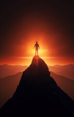 Compose an image that encapsulates the sense of triumph and accomplishment experienced by a hiker reaching the summit of a towering mountain peak. Generative AI