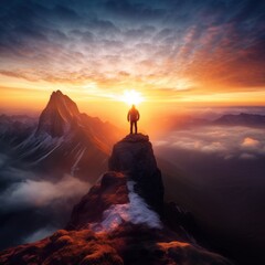 Fototapeta premium Compose an image that encapsulates the sense of triumph and accomplishment experienced by a hiker reaching the summit of a towering mountain peak. Generative AI