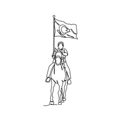 One continuous line drawing of a man holding a Turkish flag while riding a horse. Turkey patriotic in simple linear style. Turkey patriotic design concept vector illustration