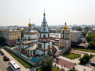 Fototapeta na wymiar Russia, Irkutsk - July 27, 2018: The Cathedral of the Epiphany of the Lord. Orthodox Church, Catholic Church. Aerial photography