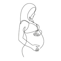Pregnant Woman Abstract Line Art Drawing. Pregnancy Concept Modern Trendy Linear Style. Pregnant Female Silhouette Abstract Simple Illustration. Happy Woman Minimalist Beauty Drawing. Vector EPS 10
