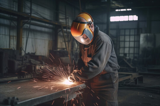 Heavy Industry Engineering Factory Interior with unrecognizable Industrial Worker Using Angle Grinder and Cutting a Metal Tube, Contractor in Safety Uniform and Hard Hat Manufacturing Metal Structures