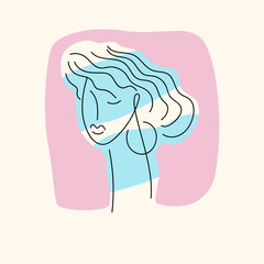 A young woman looks in front of her. Vector linear illustration drawn by hand. A pretty sweet girl.