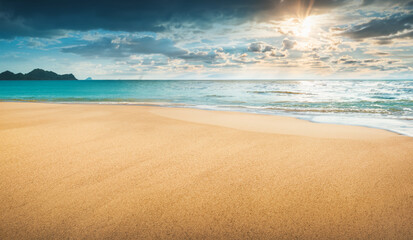 Closeup sea sand beach Cloudy sky sunlight. Panoramic beach landscape, horizon tropical beach...