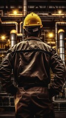 Fototapeta na wymiar Worker stands and observes an oil refinery in a protective jacket and helmet. Security concept. Generative AI