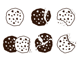Chocolate chip cookies. Bitten cookies crumbs. snack delicious biscuits vector stylized dessert food symbol
