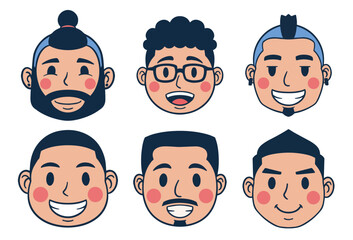 set of male cartoon faces. People avatar bundle set. User portraits. Different human face icons. Male characters. Smiling men characters. cartoon style illustration