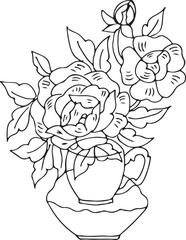 Black and white Hand Drawn Flowers with Leaves 