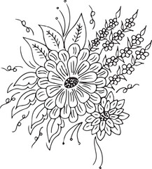 Black and white Hand Drawn Flowers with Leaves 