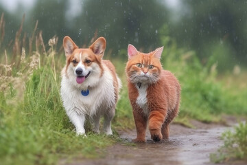 furry friends red cat and corgi dog walking in a summer meadow under the drops of warm rain