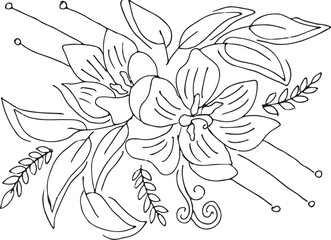 Black and white Hand Drawn Flowers with Leaves 