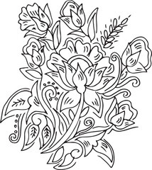 Black and white Hand Drawn Flowers with Leaves 