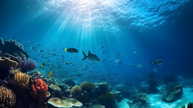 Beautiful Underwater View Of The Coral Reef. Life In The Ocean. School Of Fish. Generative AI